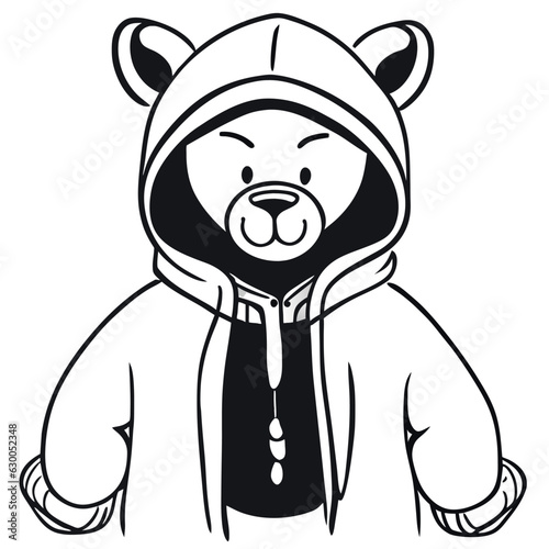 rapper grizzly bear with hoodie on vector illustration doodle line art