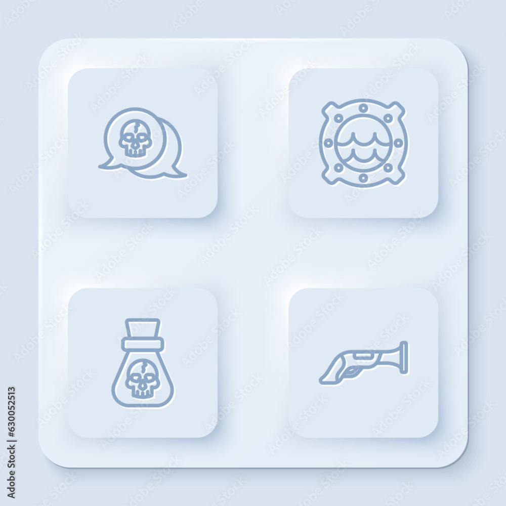 Set line Skull, Ship porthole with seascape, Pirate coin and Vintage pistol. White square button. Vector Set line Skull, Ship porthole with seascape, Pirate coin and Vintage pistol. White square button. Vector