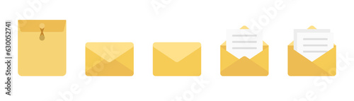 Yellow envelope. Flat mail envelope icons set. Post envelope in flat. Yellow mail icons. Open mail mockup in flat.