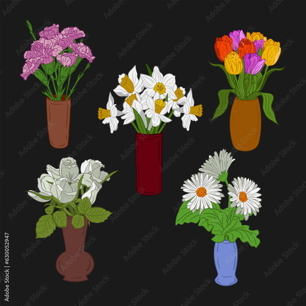 Obraz premium Flat vector bunches of flowers in ceramic vases. Dark theme. Isolated outlines flowers on black background. Botanical illustration. Perfect for greeting card, invitation, banner, stickers, home decor