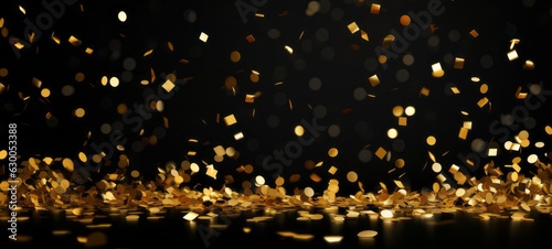 Festive carnival new year's eve celebration party banner texture - Falling shiny golden glitter confetti isolated on black dark night background (Generative Ai)