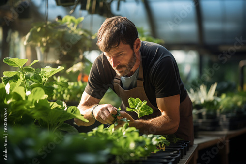 a greenhouse worker in action, carefully tending to plants, inspecting leaves, or pruning, exemplifying the dedication and expertise required in horticulture as an occupation Generative AI photo