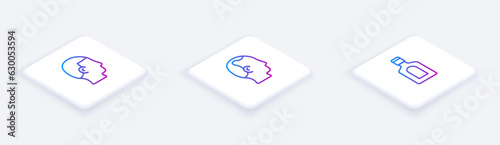 Set Isometric line Hairstyle for men, Baldness and Bottle of shampoo. White square button. Vector