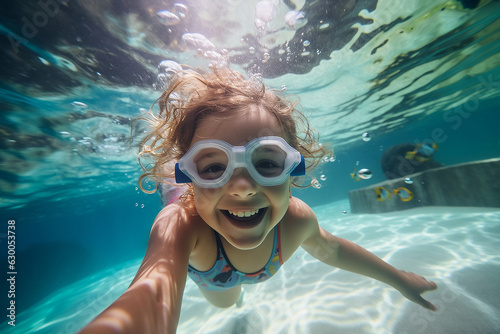 Little smiling girl in underwater goggles dives into the water.