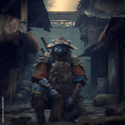 Fantastic samurai in ruined post apocaliptic world for art design photo