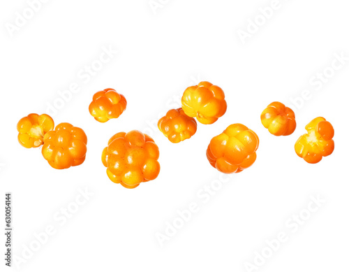 Ripe cloudberries closeup in the air isolated on white background photo