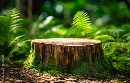 Wooden stump cut saw in the forest with green moss and ferns. High quality photo