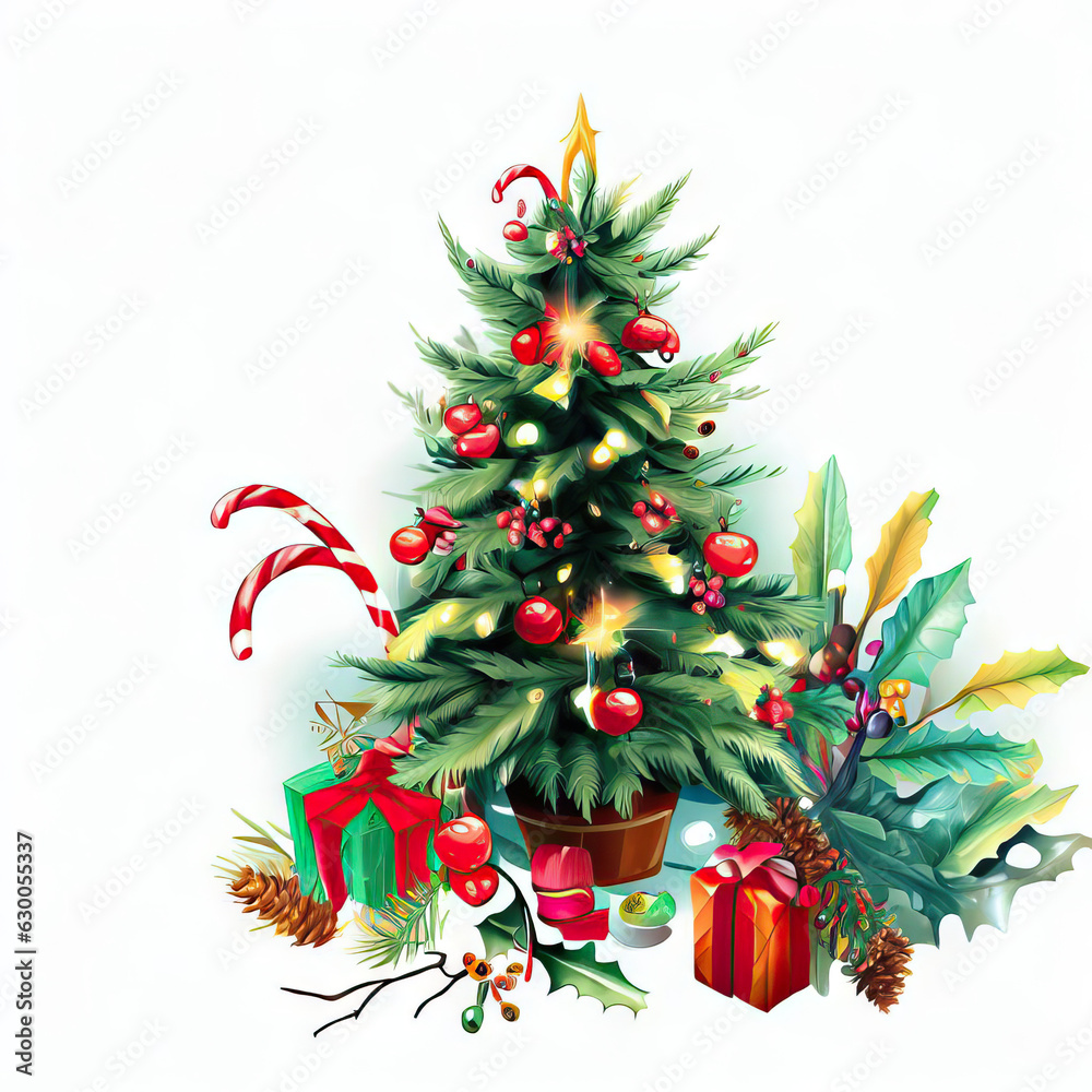 Winter Wonderland: Christmas Tree Illustration on White, Generative AI