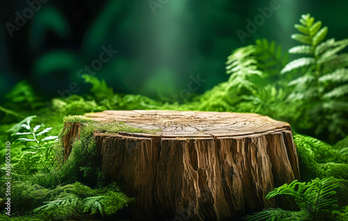 Tree stump wooden cut with green moss in the forest. Nature background. High quality photo photo