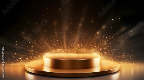 Award ceremony black elegant background with stage scene design concept and gold luxury light rays, glitter effect, created with Generative AI technology. photo