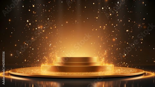 Award ceremony black elegant background with stage scene design concept and gold luxury light rays, glitter effect, created with Generative AI technology.