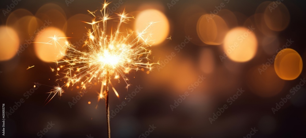 Silvester New Year, New Year's Eve 2024 party event celebration holiday greeting card - Closeup of sparkling sparklers and bokeh lights in the background (Generative Ai) - obrazy, fototapety, plakaty 