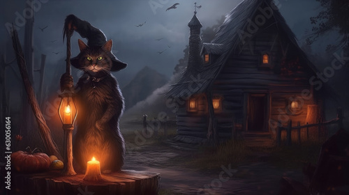 Halloween background. Fantasy cat witch in magical mysterious fairy landscape with magic cabin, pumpkin, candles. Halloween, fairytale, magic animal concept