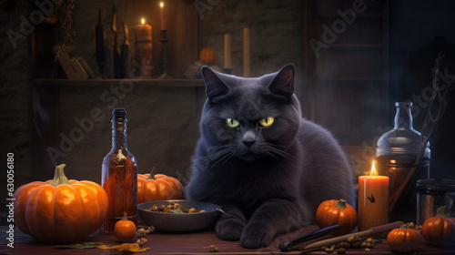 Fantasy cat in magical mysterious fairy cabin with magic attributes, pumpkin, candles. Halloween background. Halloween, fairytale, magic animal concept