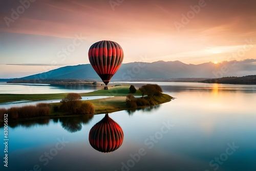 hot air balloon over lake AI Generated 