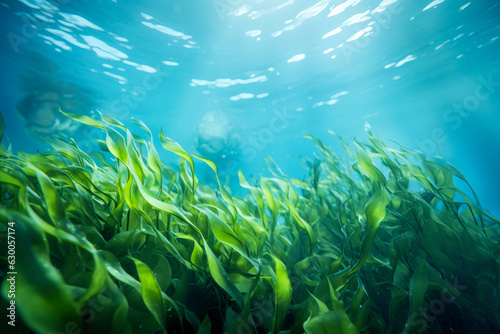 Underwater view of a group of seabed with green seagrass. High quality photo