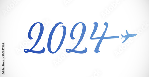 Happy New Year 2024 travel company logotype. Creative typographic design with blue plane. Business trip 2024 symbol. Calendar title idea. Internet icon. Modern style number 20 24. Isolated graphic.