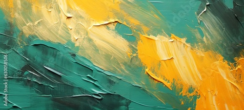 Fototapeta Naklejka Na Ścianę i Meble -  Closeup of abstract rough gold yellow dark green art painting texture, with oil acrylic brushstroke, pallet knife paint on canvas (Generative Ai)