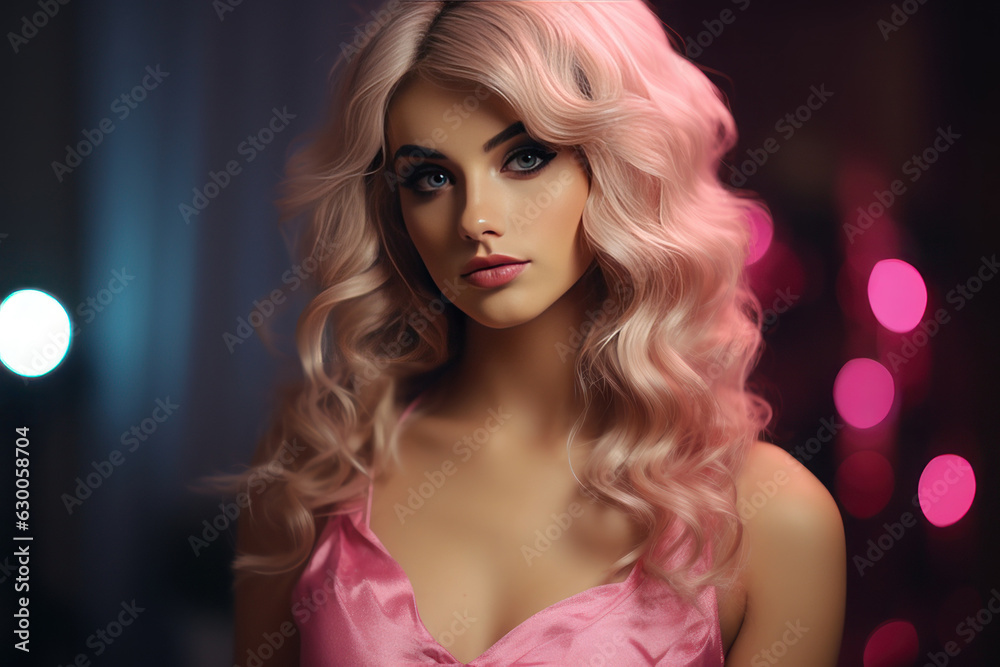 A blonde woman with pink strands in a pink dress and jewelry. AI generative. A blonde woman with pink strands in a pink dress and jewelry. AI generative.