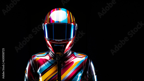 Motorrad Fahrer mit Helm wie der Blitz in bunten farben, ai generativ