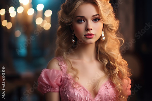 Blonde woman in pink dress and jewelry. AI generative. © Iaroslav