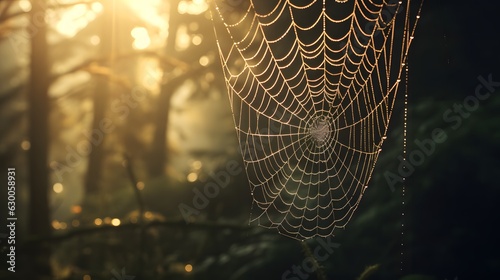 Toile d'araignée à travers un rayon de soleil dans la forêt, généré par IA