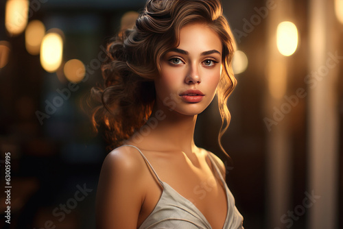 Beautiful woman model with a festive hairstyle in a dress. AI generative.