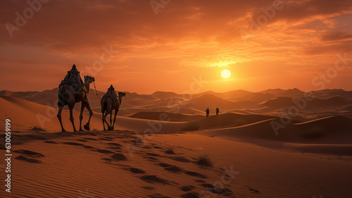 Camels in Arab hot sunset landscape desert traveling over the world. Beautiful scenery background copy space banner.