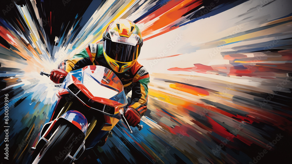 Motorrad Fahrer mit Helm wie der Blitz in bunten farben, ai generativ Motorrad Fahrer mit Helm wie der Blitz in bunten farben, ai generativ
