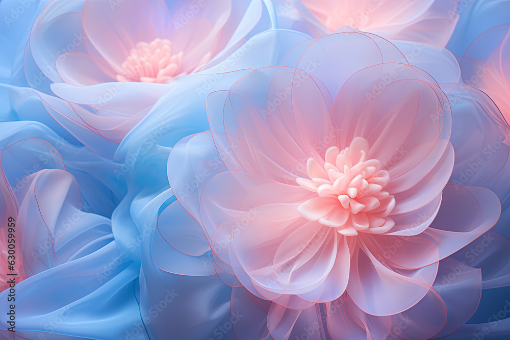 Fototapeta premium Soft, diffused lighting highlighting the delicate petals of a blooming abstract flower in pastel hues. Floral background.