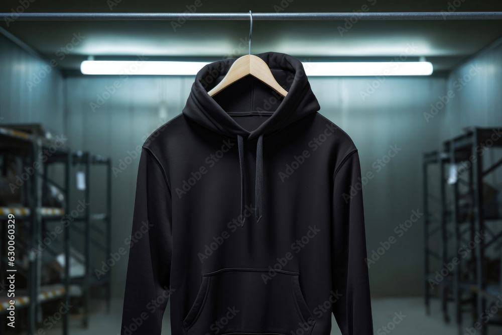 Black sweatshirt with hood and pocket hanging on a hanger in the store