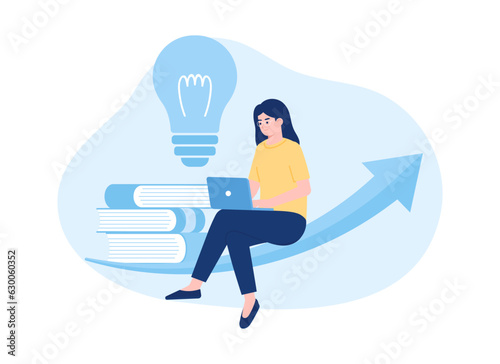 A woman using a laptop for distance learning, adding innovation concept flat illustration