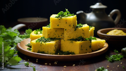Chana Dal Dhokla served with cut chutney mint, indian national dish food photo banner copy space handmade decorated on a plate with sauces and herbs, greenery. photo