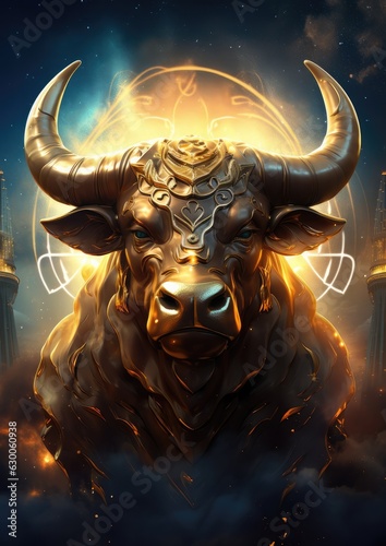 A bull with a gold ring on its horns, taurus sign in horoscope, fantasy animal. Generative Ai. © annamaria