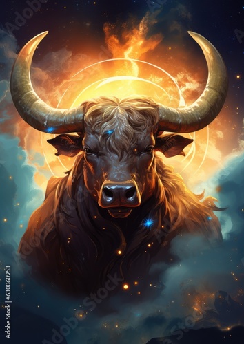 A bull with a gold ring on its horns  taurus sign in horoscope  fantasy animal. Generative Ai.