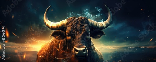 A bull with a blue light on its horns, taurus sing in horoscope, animal panorama. Generative Ai. © annamaria