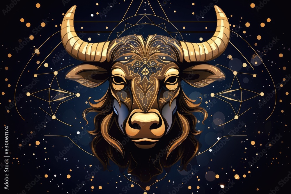 A bull with a gold light on its horns, taurus sing in horoscope, animal. Generative Ai. A bull with a gold light on its horns, taurus sing in horoscope, animal. Generative Ai.