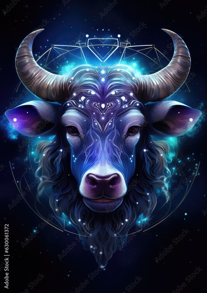 A bull with a blue light on its horns, taurus sing in horoscope, animal. Generative Ai.