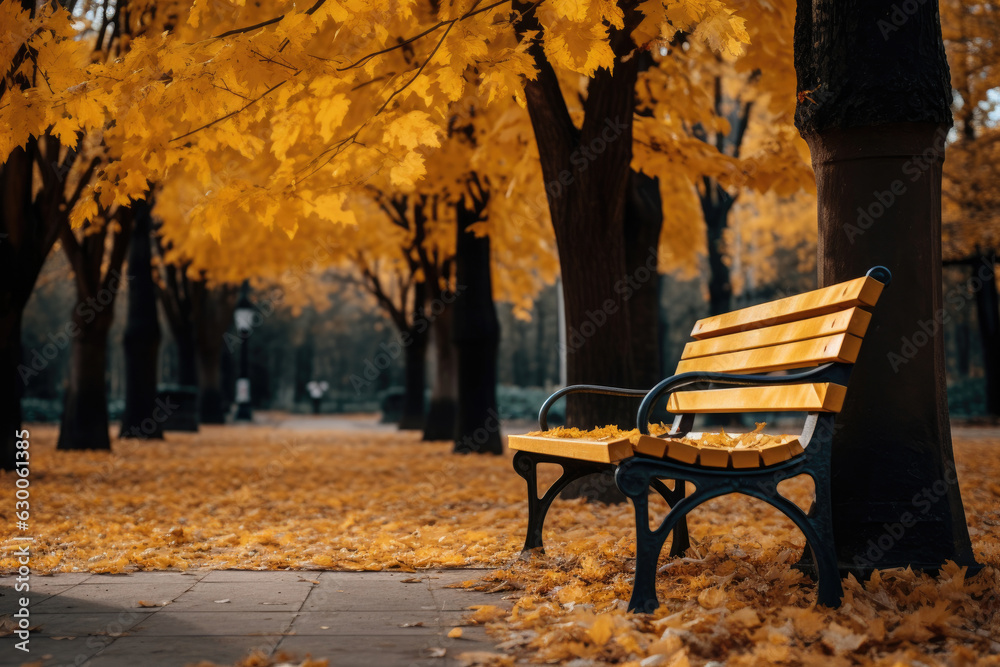 Park bench under autumn leaves