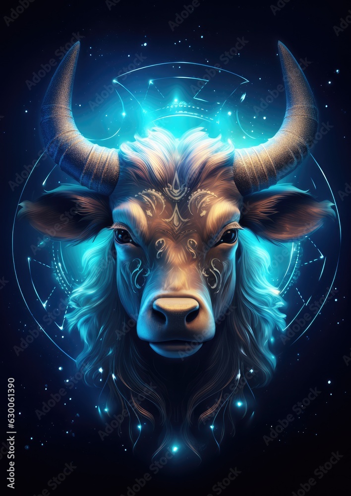 A bull with a blue light on its horns, taurus sing in horoscope, animal. Generative Ai. A bull with a blue light on its horns, taurus sing in horoscope, animal. Generative Ai.