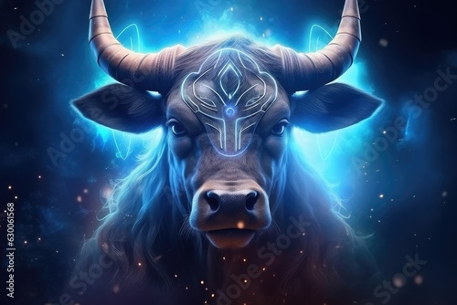 A bull with a blue light on its horns, taurus sing in horoscope, animal. Generative Ai.