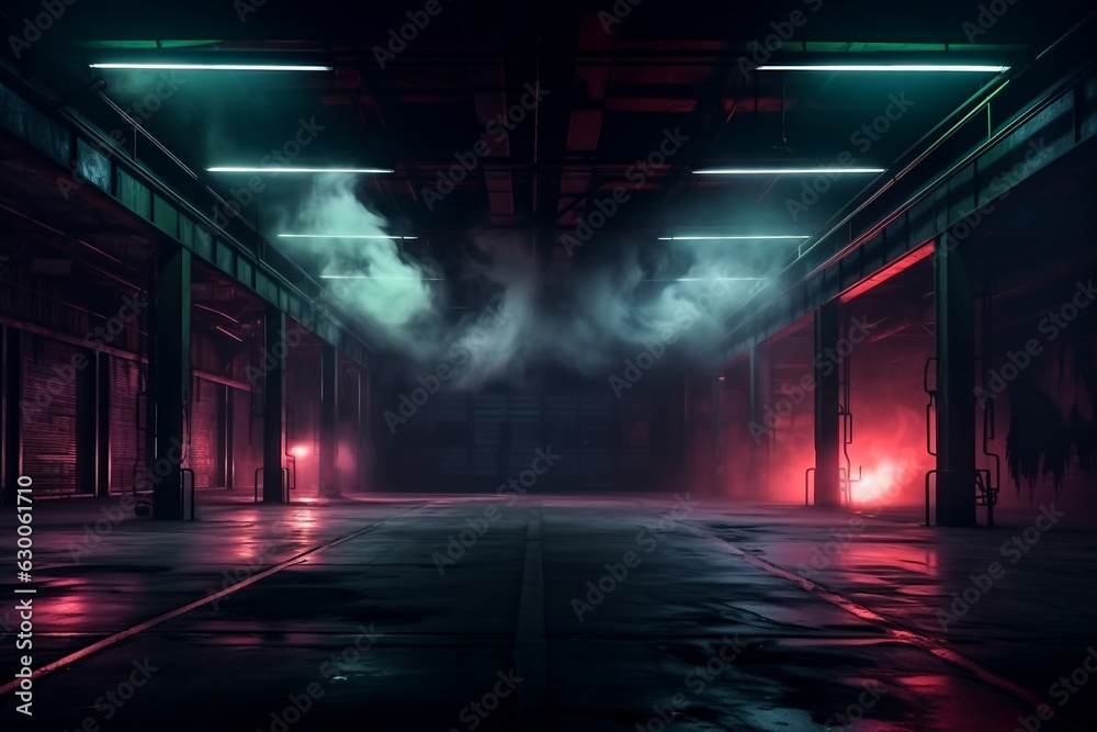 Empty cold wet futuristic garage interior with read lights and smoke