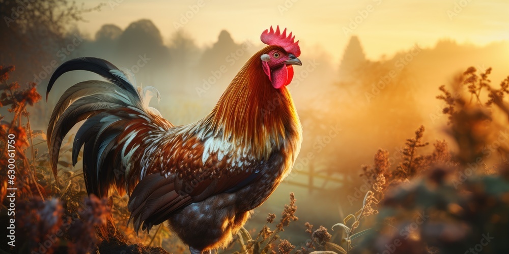 Rooster in the village against the backdrop of sunset. Rural life concept. Generative AI
