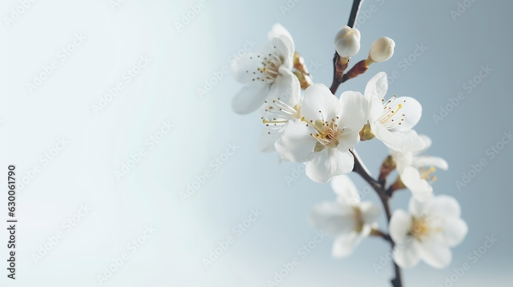 Realistic fruit tree branch with spring flowers. Beautiful flowering apple tree in spring day. Illustration for cover, card, postcard, brochure, advertising or presentation.