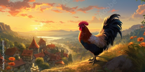 Rooster on the background of sunset, fog in the village. Generative AI © 22_monkeyzzz