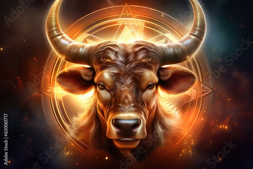 A bull with a gold ring on its horns, taurus sign in horoscope, fantasy animal. Generative Ai.