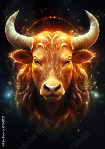 A bull with a gold ring on its horns, taurus sign in horoscope, fantasy animal. Generative Ai. © annamaria