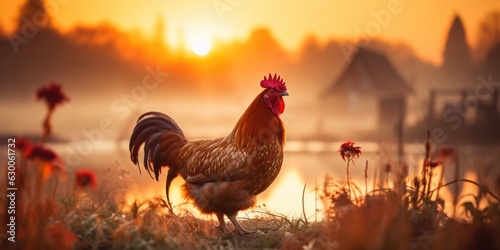 Rooster in the village against the backdrop of sunset. Rural life concept. Generative AI