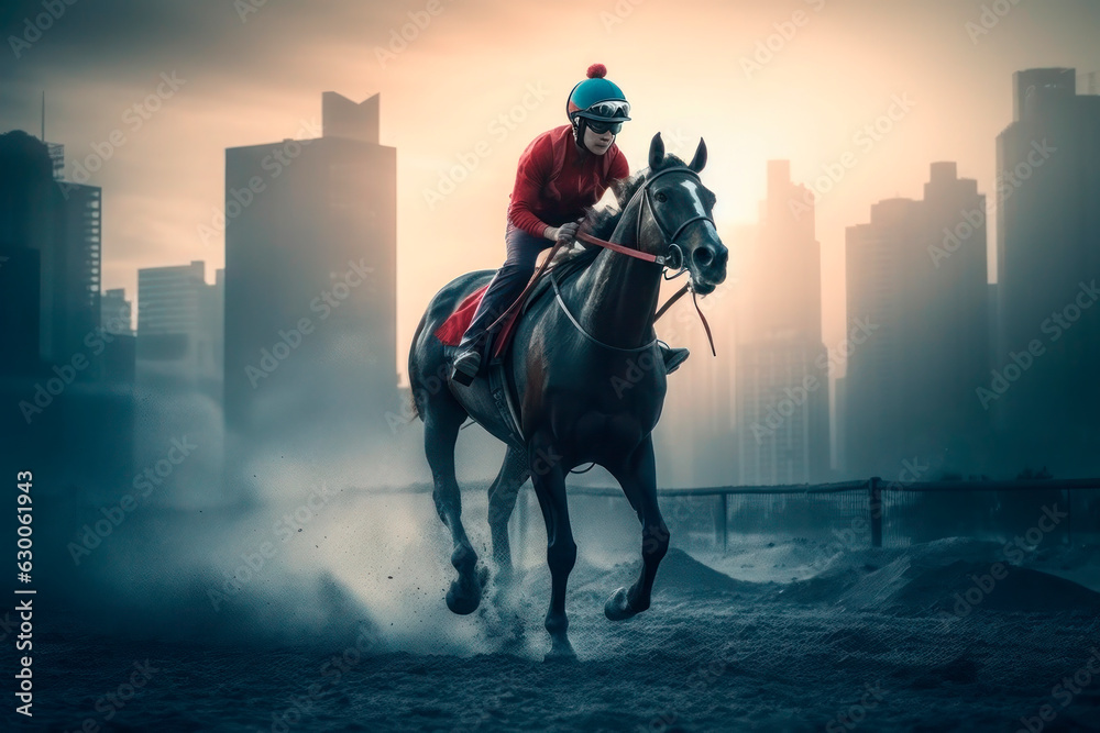 Naklejka premium Horse jockey riding on gallop on colourful background. Illustration style, Generative Ai