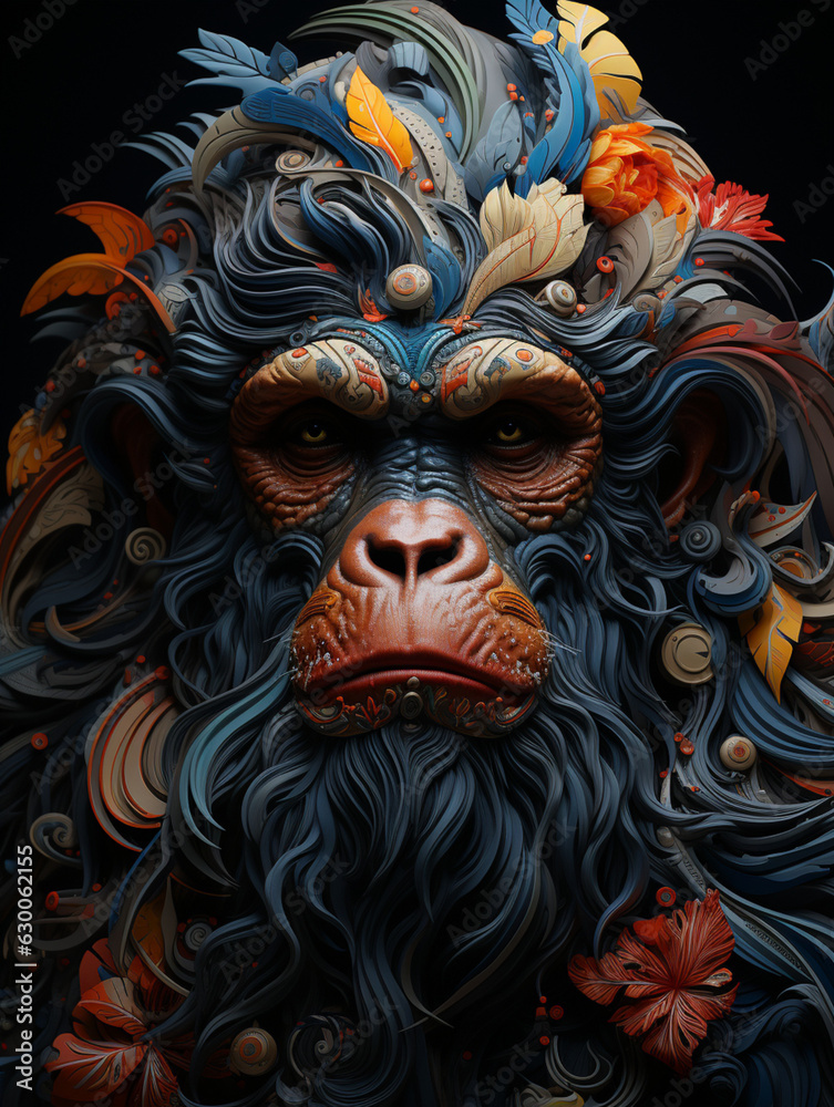 portrait, monkey head in patterns, illustration, creative, simple background, sketch, created with Generative AI technology